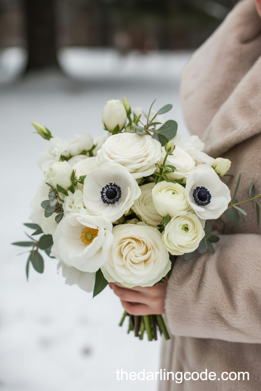 Pure White Roses and Anemones Snowy Christmas Wedding Bouquet