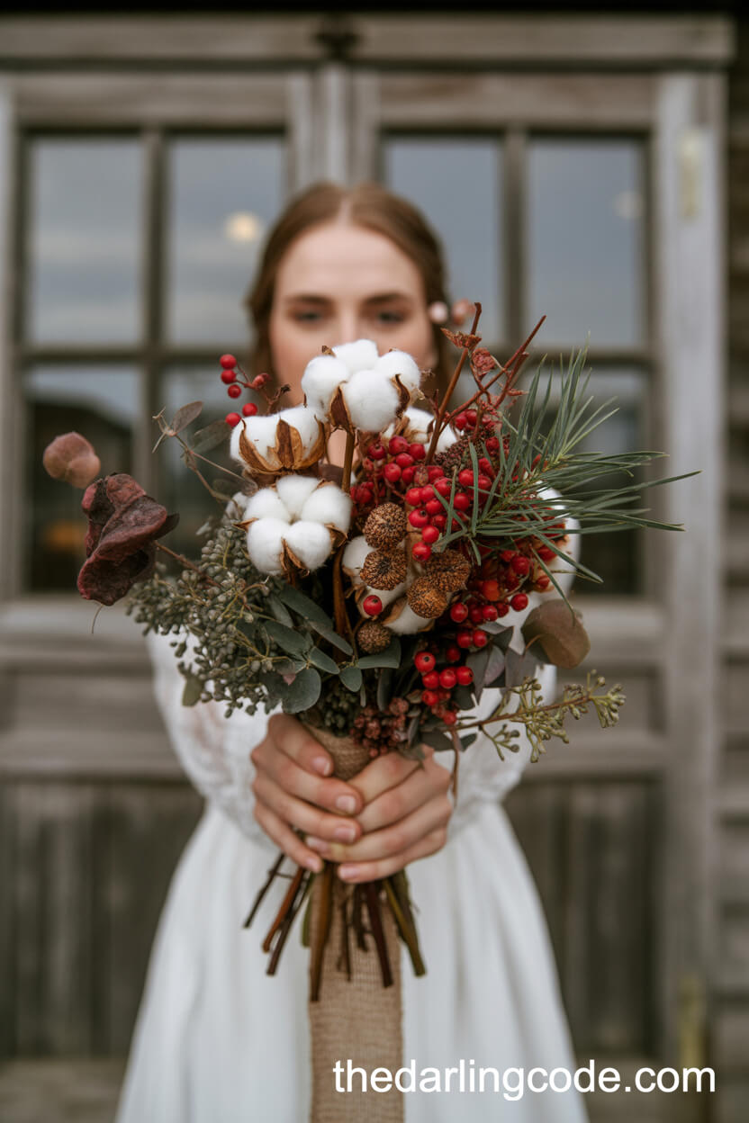 Rustic Farmhouse Bouquet with Cotton Bolls and Winter Greenery