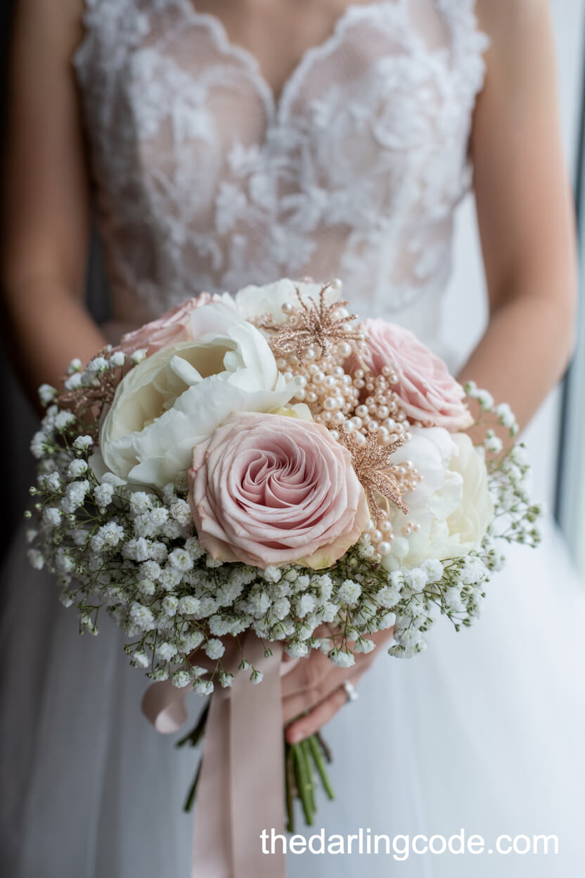 Soft Blush and White Christmas Bouquet with Pearls and Baby's Breath