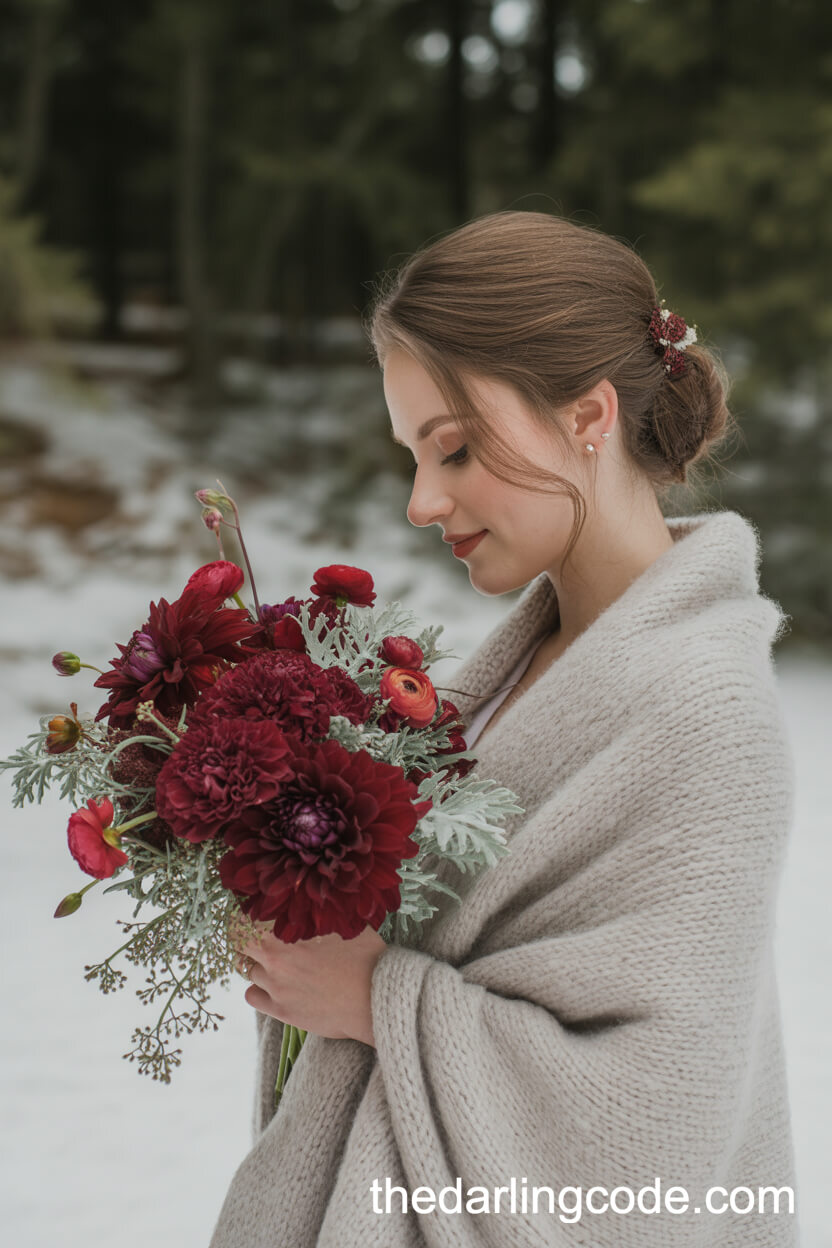 Burgundy Dahlias and Red Ranunculus Cozy Forest Bouquet