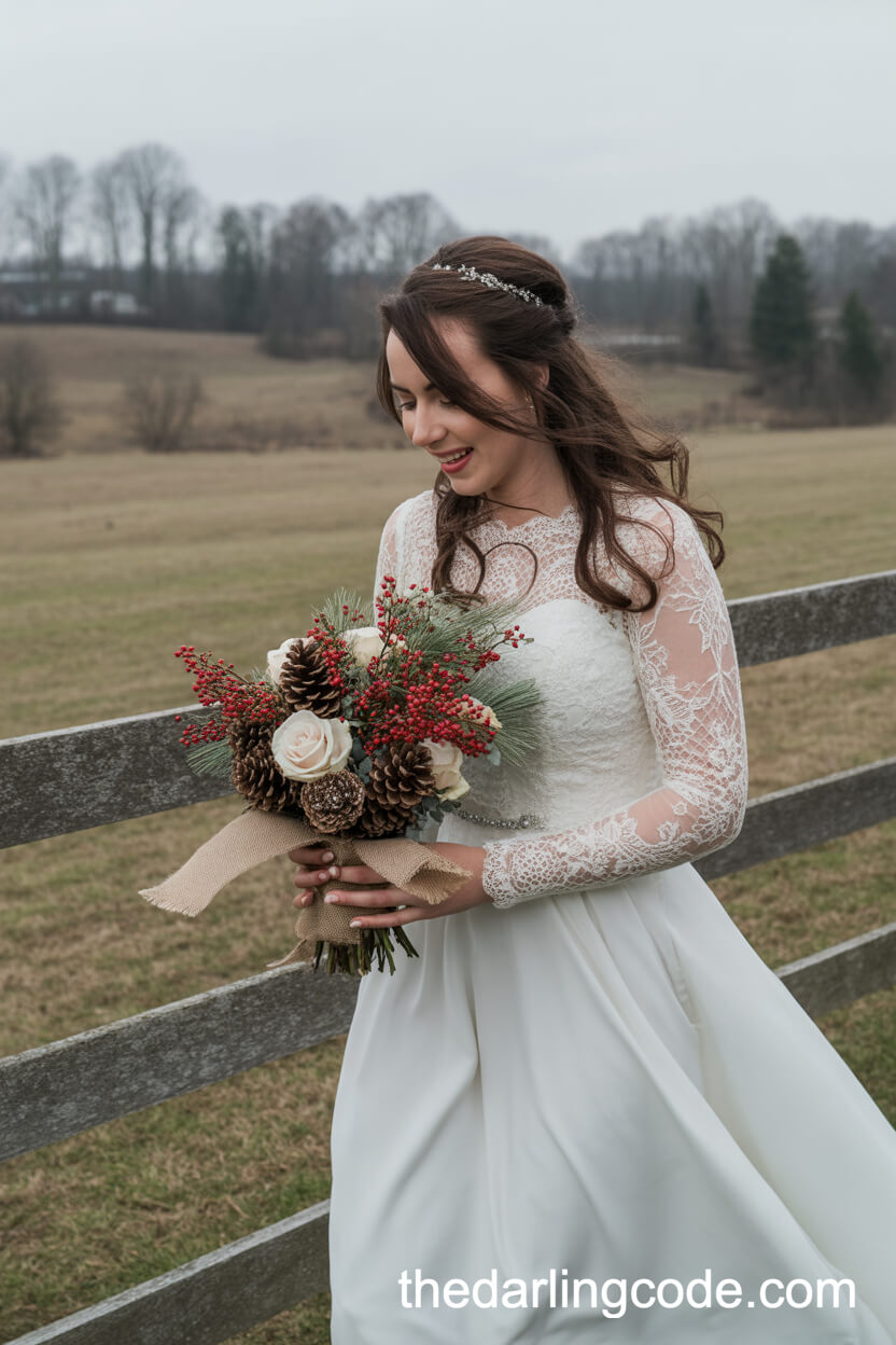 Rustic Red Berries, White Roses, and Pinecone Bouquet
