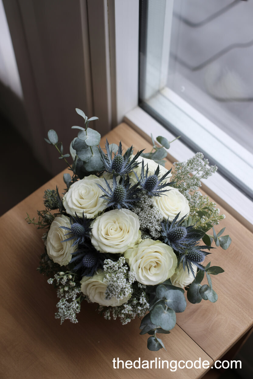 Ivory Roses, Blue Thistle, and Frosted Greenery Tabletop Bouquet