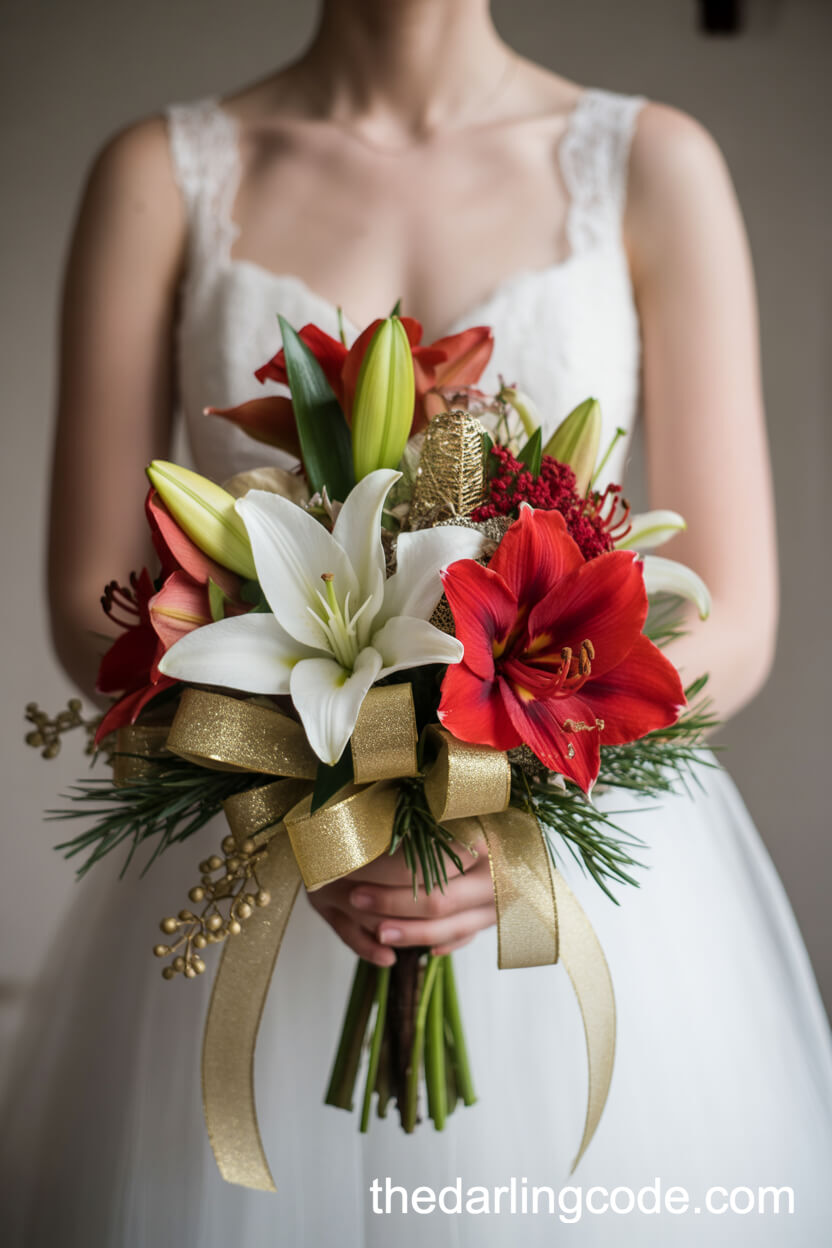 Elegant Christmas Wedding Bouquet with Gold Ribbons and Red Amaryllis