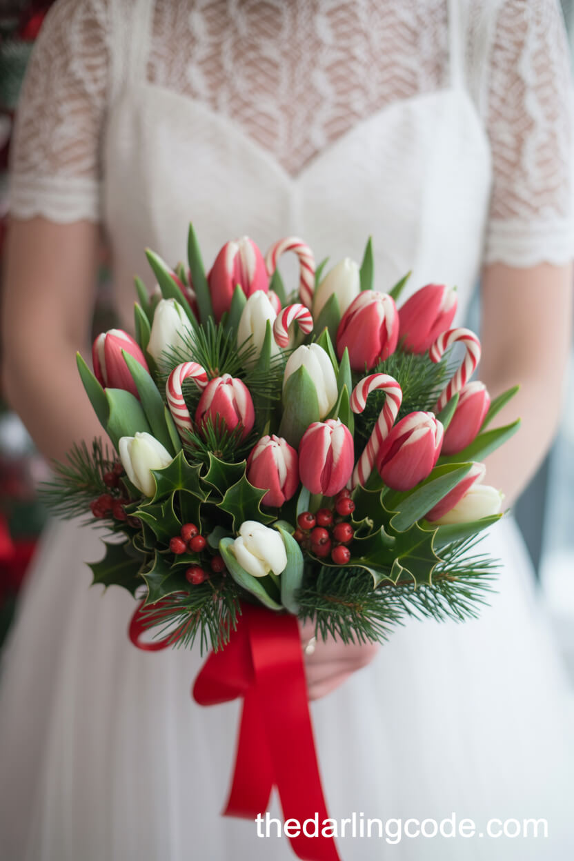 Festive Striped Tulips, Peppermint, and Holly Christmas Bouquet
