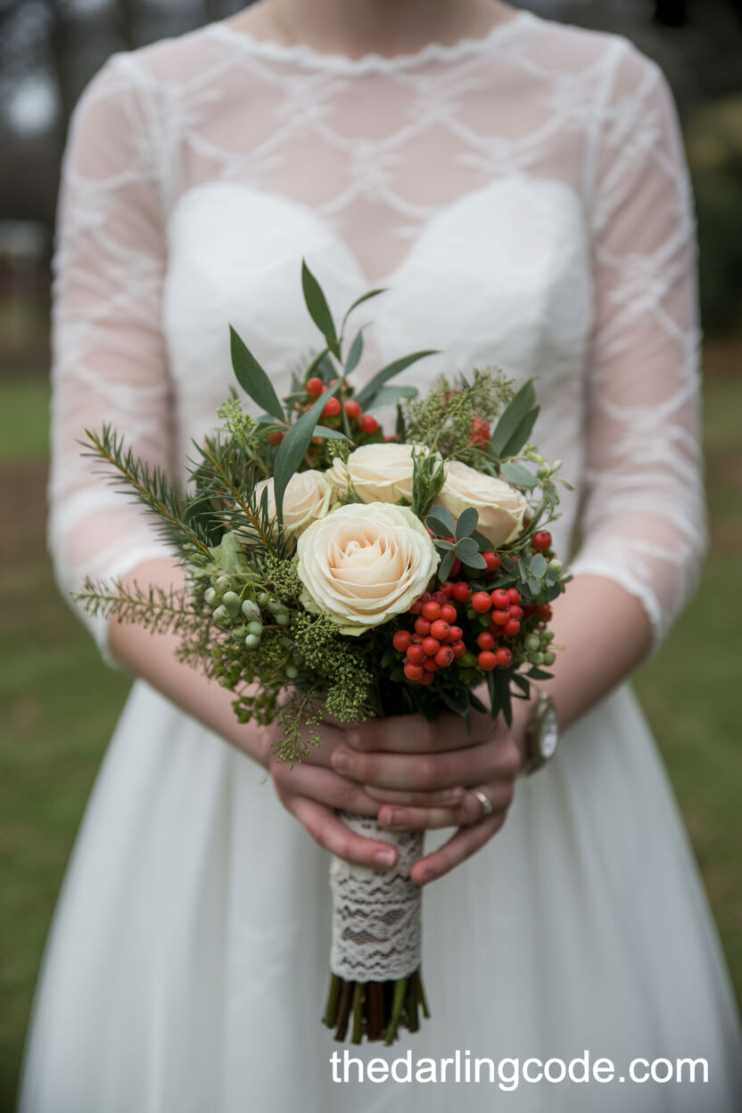 Vintage Lace-Wrapped Bouquet with Cream Roses and Red Berries