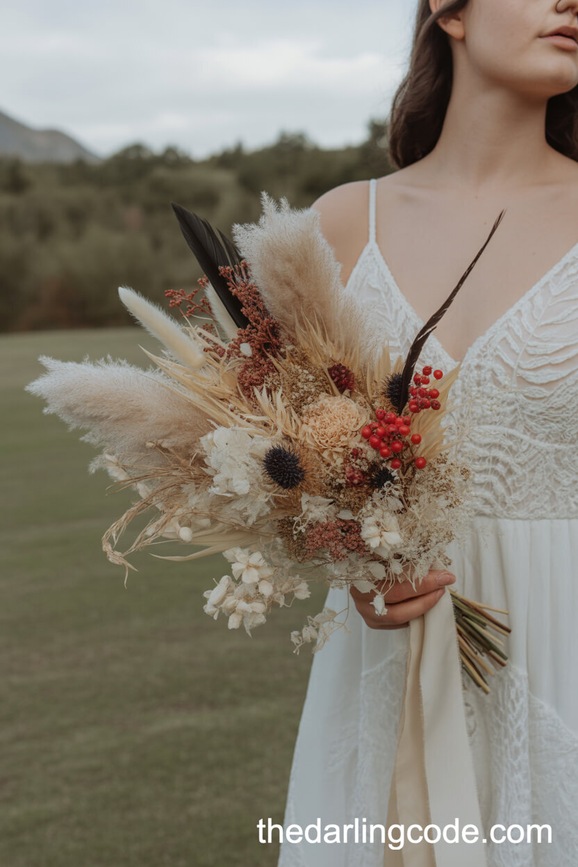 Bohemian Dried Flowers, Pampas Grass, and Red Berries Bouquet