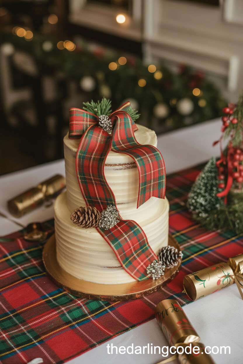 Plaid and Pine Cone Christmas Wedding Cake