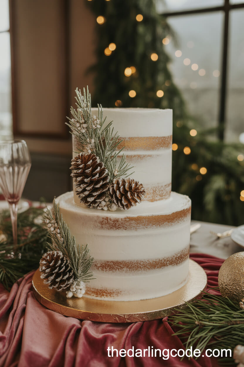 Edible Pinecone and Frosted Evergreen Wedding Cake