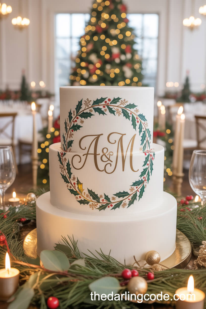 Gold Monogram Christmas Wedding Cake with Holly Wreath
