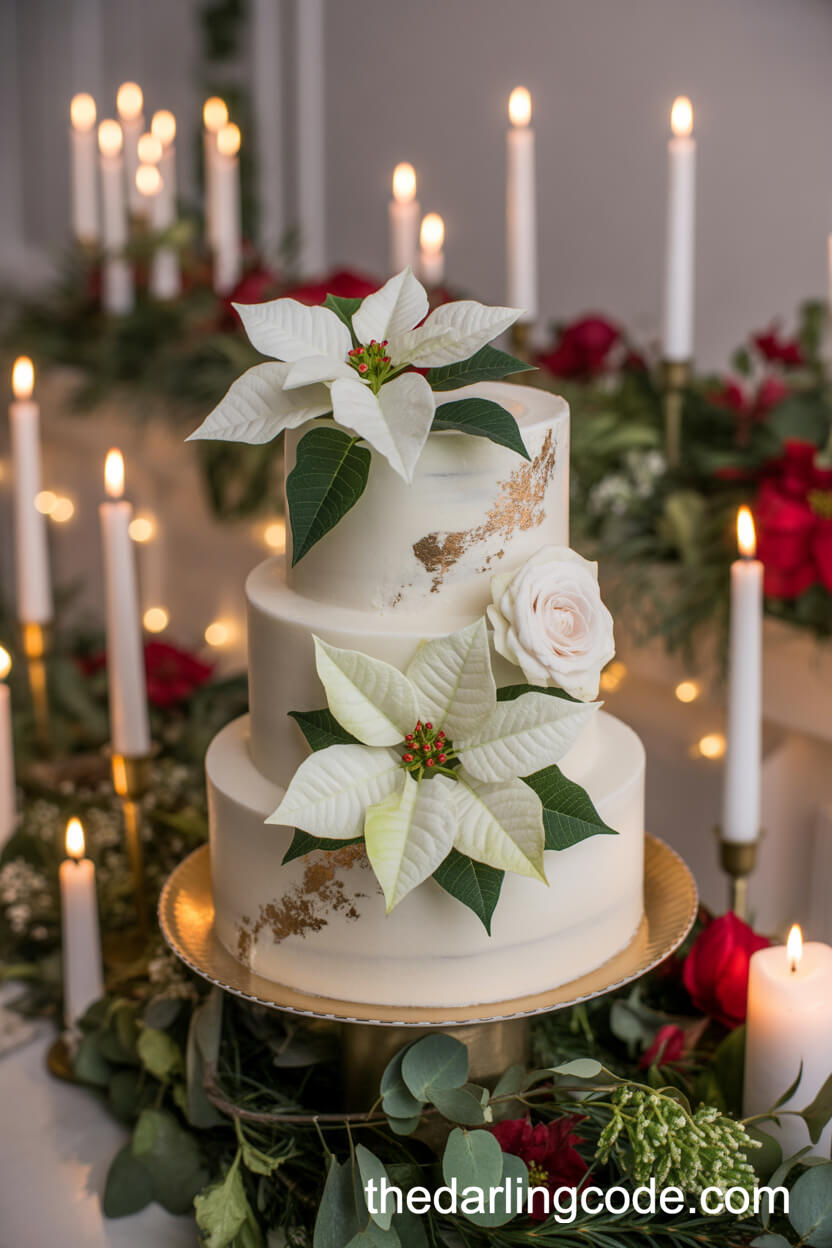 Poinsettia and Winter Rose Christmas Wedding Cake