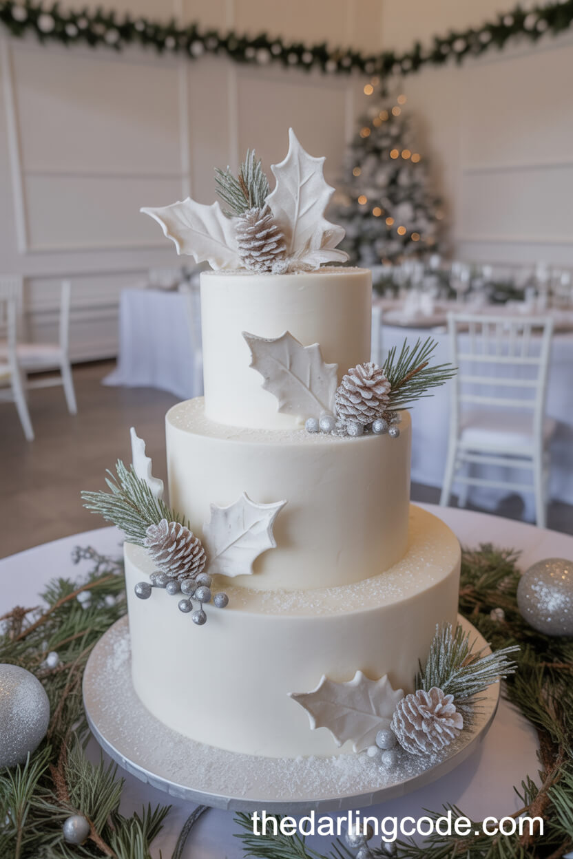 All-White Holly and Pinecone Winter Wedding Cake