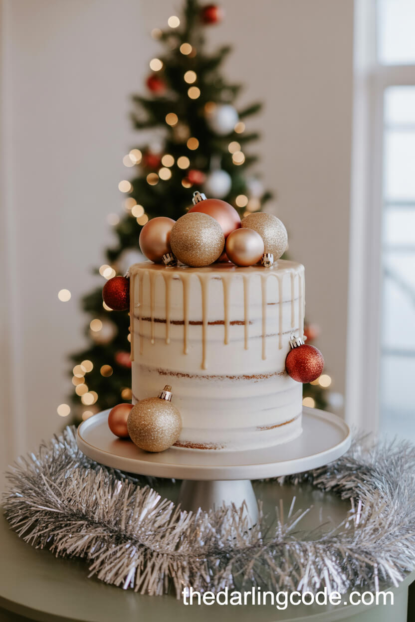 Modern Drip Cake with Edible Christmas Ornaments