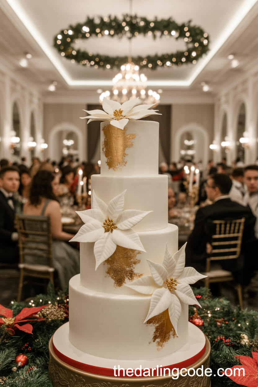 White Fondant and Gold Leaf Christmas Wedding Cake