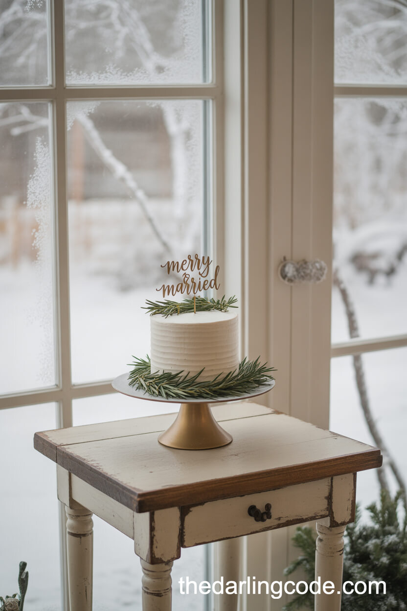 Minimalist Wreath Wedding Cake with “Merry & Married” Topper