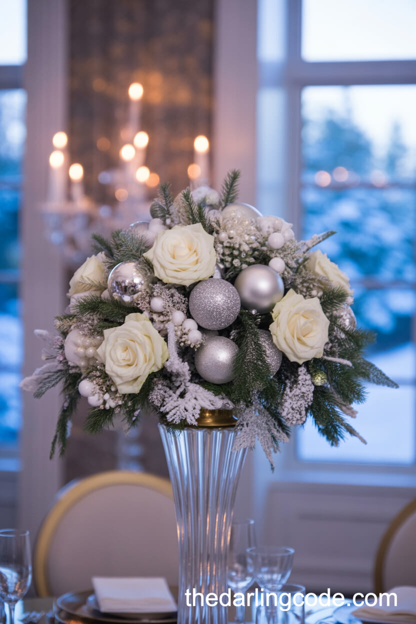 Glamorous White Rose and Silver Ornament Christmas Centerpiece