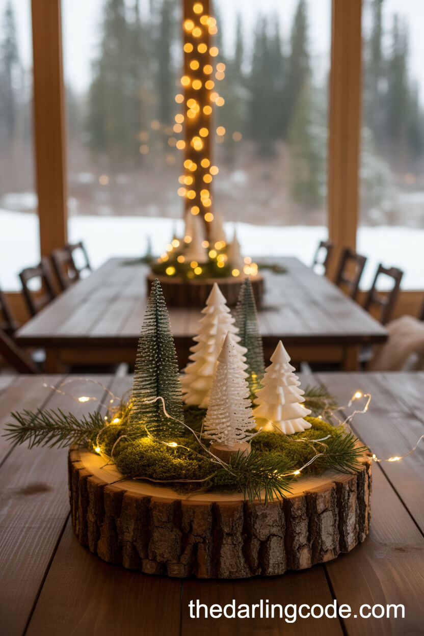 Woodland Log Slice with Mini Trees and Fairy Lights