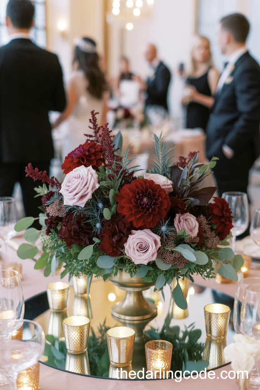 Burgundy Dahlias and Gold Candleholder Table Centerpiece