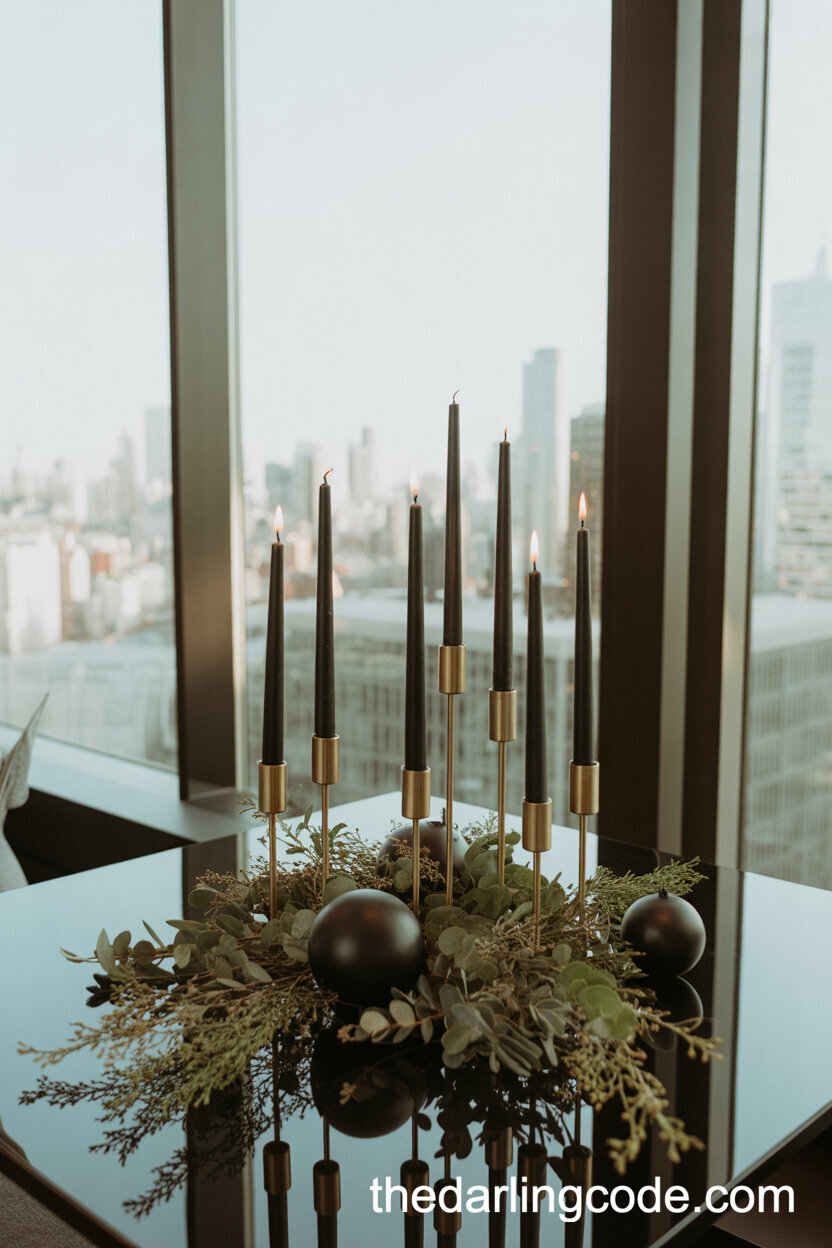 Modern Black Candle and Gold Ornament Table Centerpiece