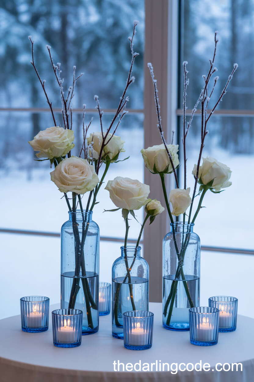 Frosted Blue Glass and White Rose Winter Centerpiece