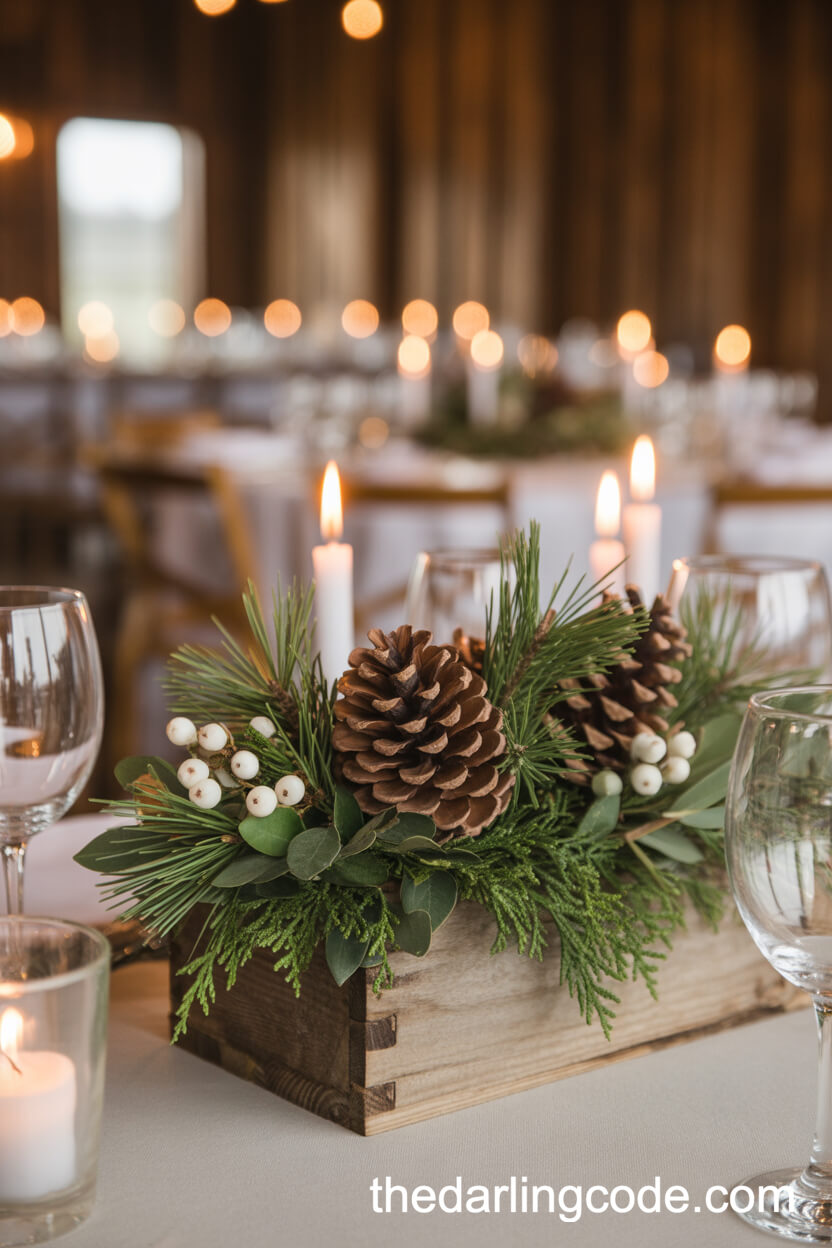 Rustic Pinecone and Evergreen Box Centerpiece