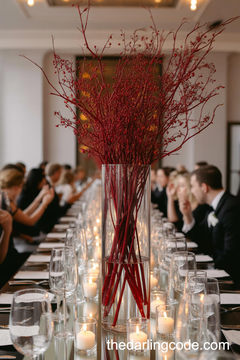 Dramatic Red Berry Branches and Candle Banquet Centerpiece
