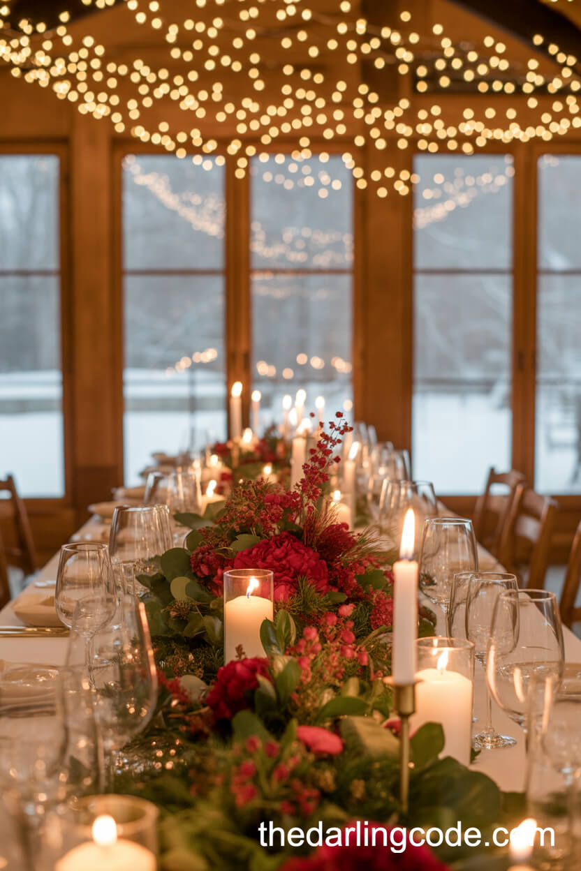 Lush Red and Green Floral Centerpiece with Candle Accents