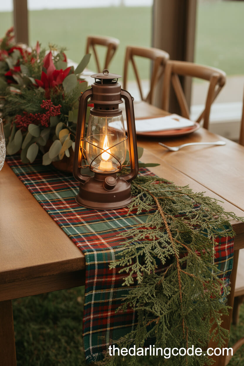 Farmhouse Style Plaid Runner Lantern Centerpiece