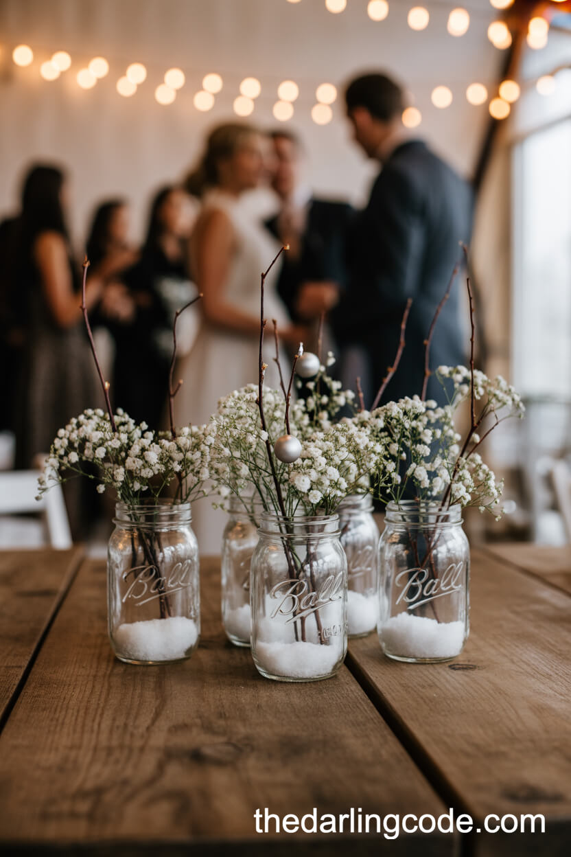 Snow-Dusted Mason Jar and Twigs Rustic Centerpiece