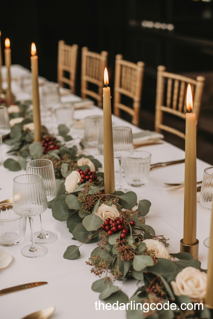 Eucalyptus, Cranberry, and Cream Garland Wedding Centerpiece