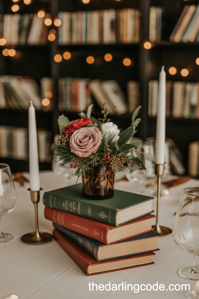 Vintage Books and Brass Candleholder Library Centerpiece