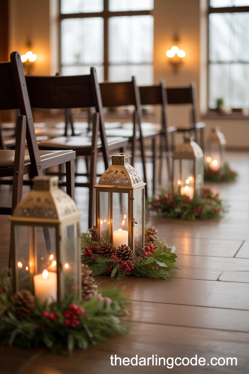 Rustic Lantern Aisle Decor for a Cozy Christmas Ceremony