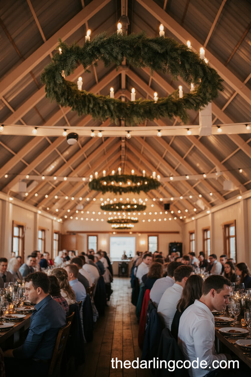 Barn Reception with Evergreen Garland Chandeliers