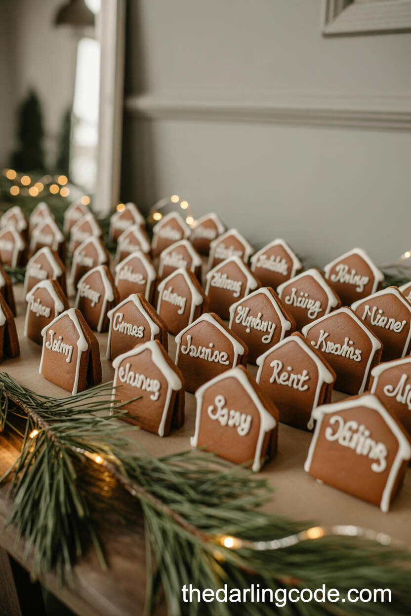 Mini Gingerbread House Escort Cards & Favors
- **Personalized Escort Cards**: Tiny gingerbread houses adorned with guest names, doubling as table assignments.
- **Edible Favors**: Each mini house is a sweet treat, crafted with gingerbread, icing, and festive decorations.
- **Custom Designs**: Unique details like snow-dusted roofs, candy accents, or holiday motifs.
- **Versatile Display**: Arranged on a dessert table or placed at each seat as a charming placeholder.
- **Take-Home Gift**: Guests can enjoy the edible favor or keep it as a festive keepsake.