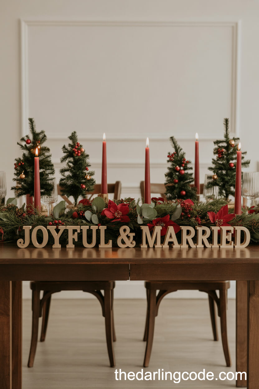 Sweetheart Table Decorated with Mini Christmas Trees