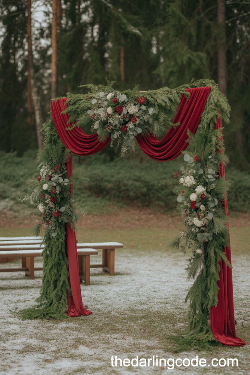 Outdoor Ceremony Arch with Pine Boughs and Red Velvet Ribbons