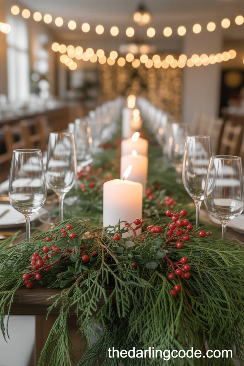 Pine and Berry Centerpieces for a Festive Wedding Reception