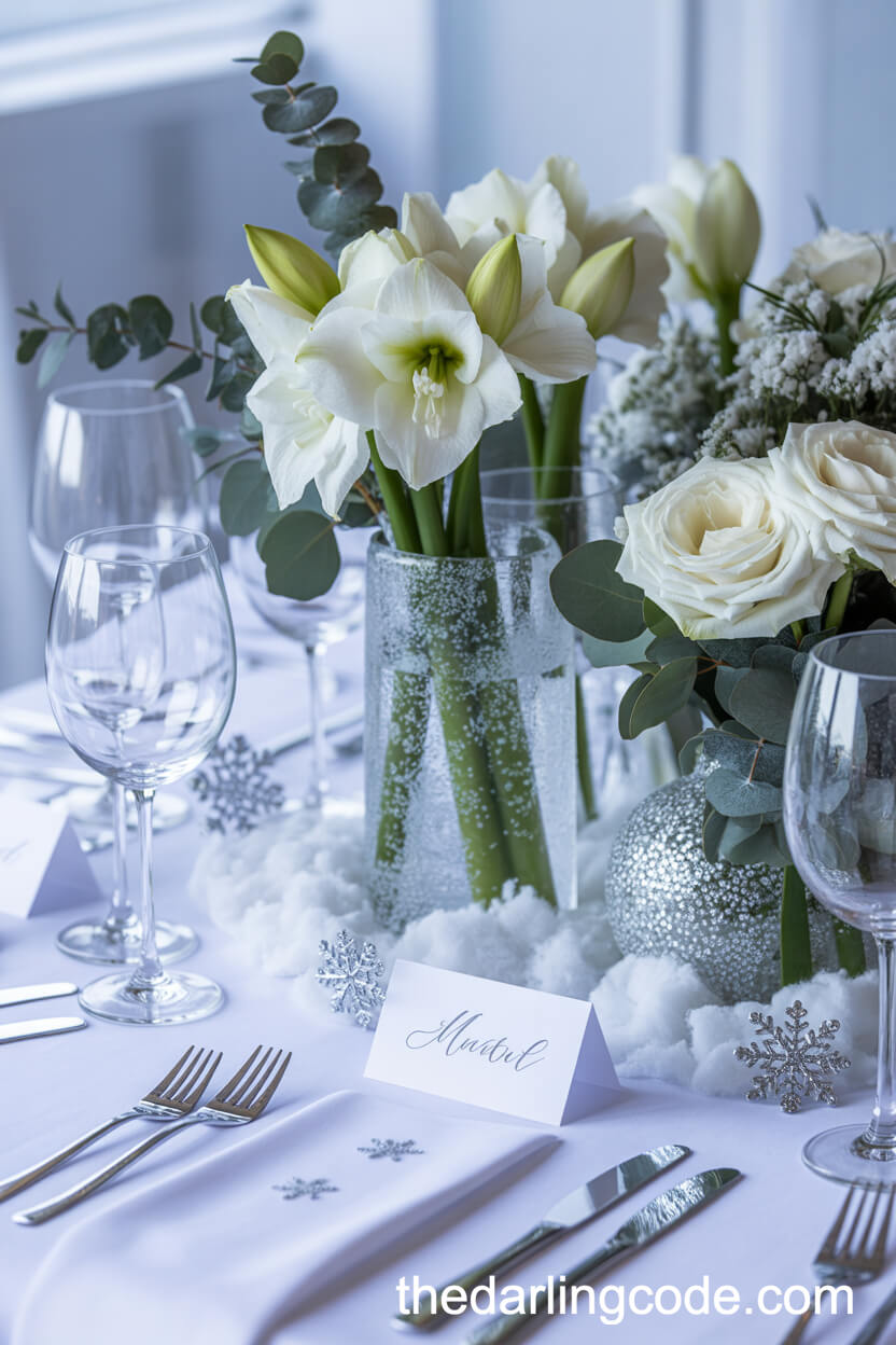 Winter Wonderland Wedding Table in White and Silver