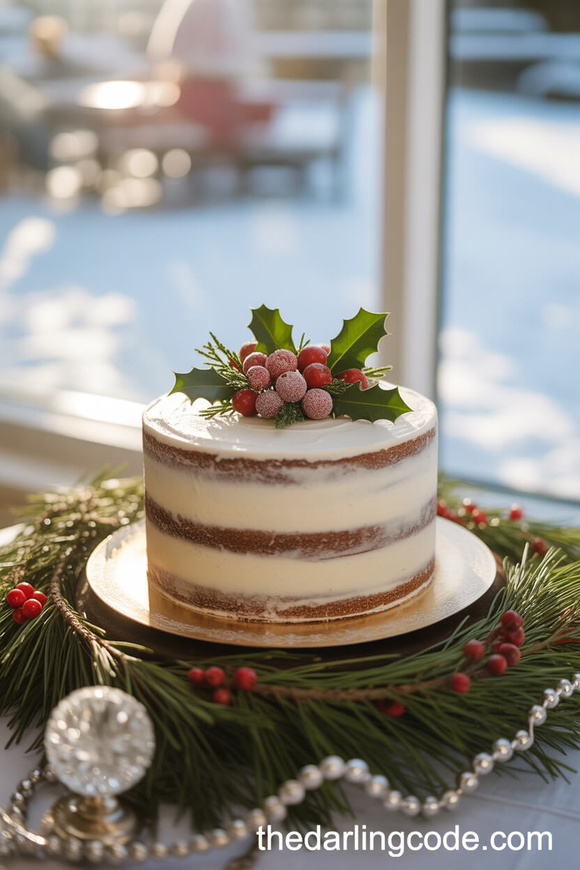 Winter Wedding Cake Table with Holly and Cranberry Accents