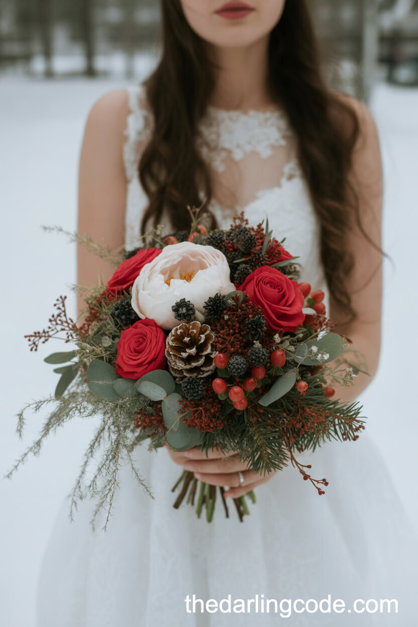 Winter Bridal Bouquet with Red Roses and Pinecones
