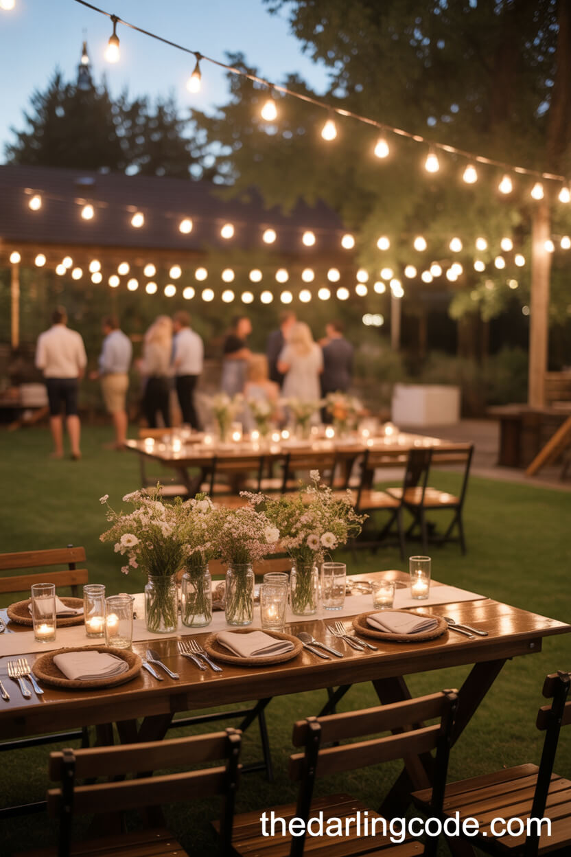 Rustic Dusk Reception With String Lights And Mason Jar Centerpieces