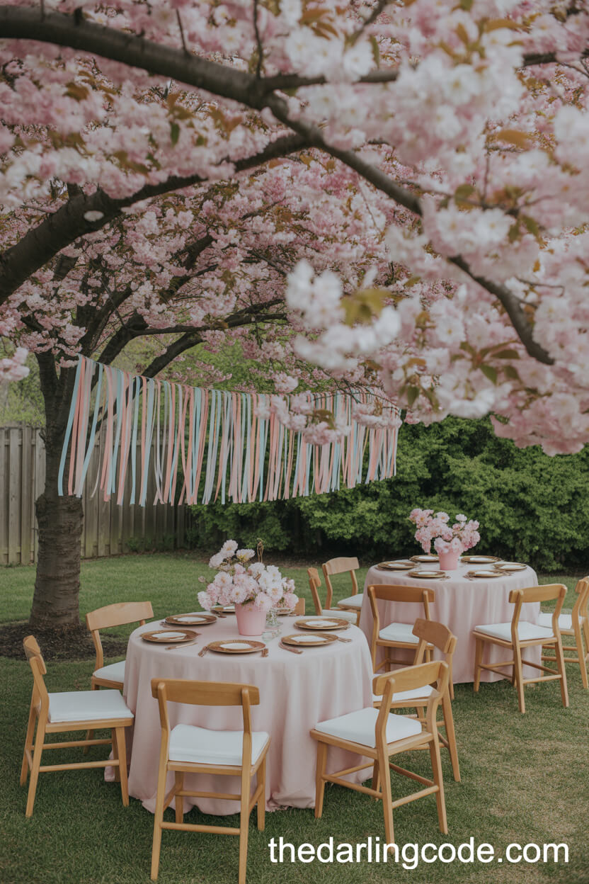 Cherry Blossom Micro Wedding With Pastel Tables And Ribbon Streamers