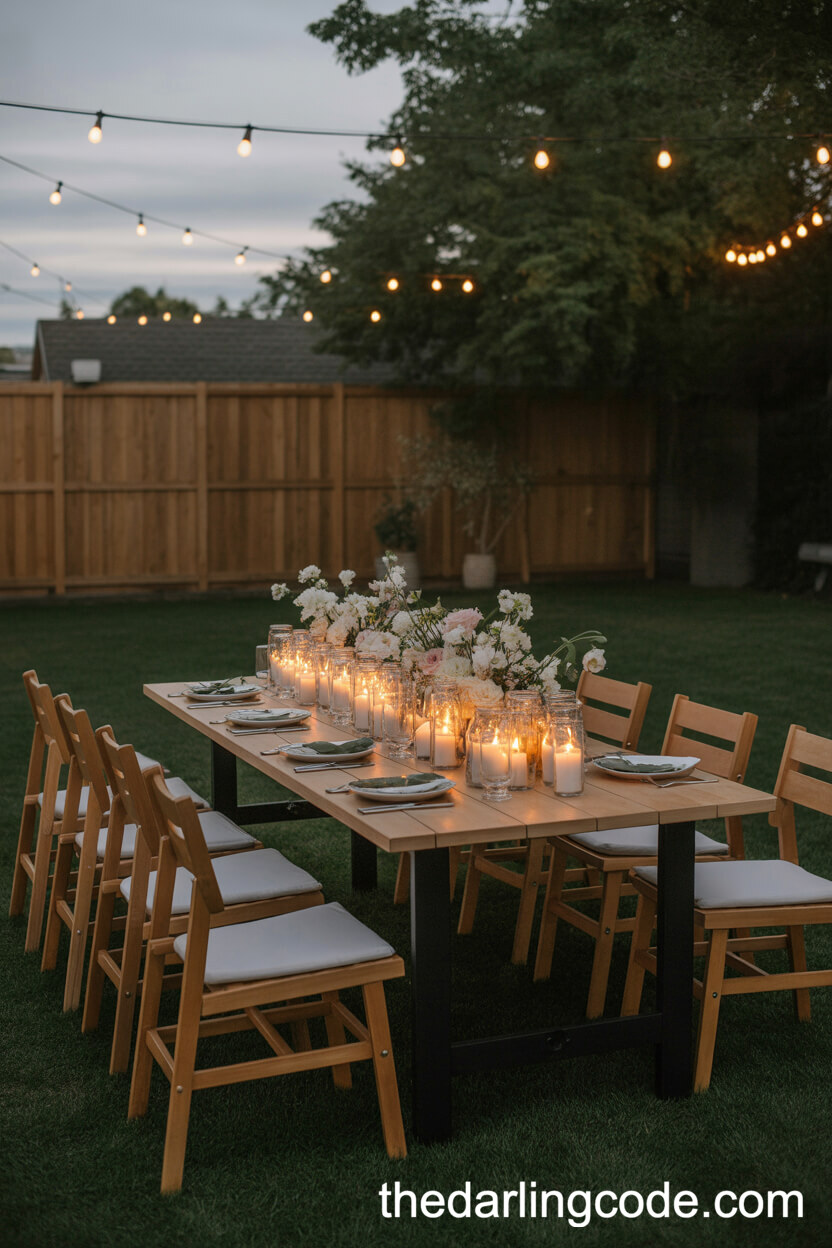 Intimate Candlelit Sunset Dinner Table For A Cozy Backyard Reception