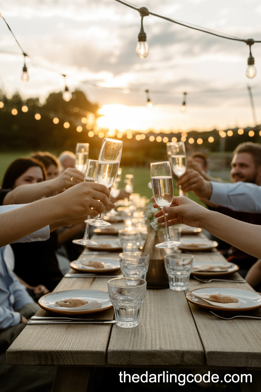 Sunset Toast At A Rustic Table With Sparkling Glassware