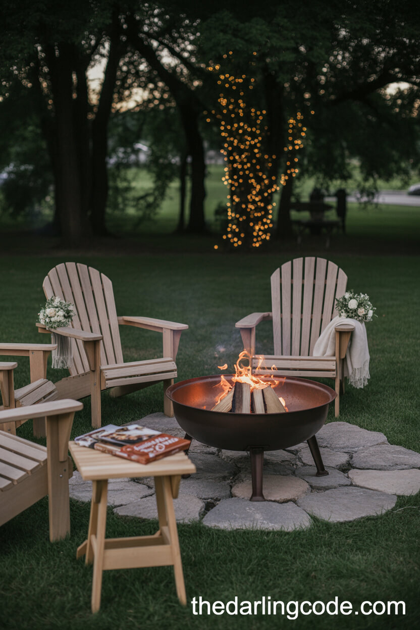 Backyard Fire Pit Lounge With S’mores And Adirondack Chairs
