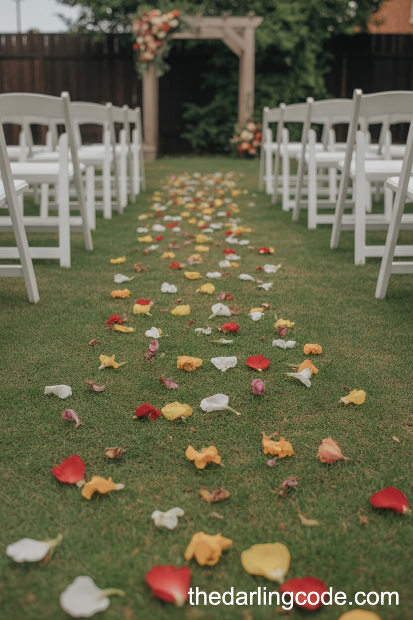 Garden Aisle Scattered With Flower Petals Leading To A Wooden Arch