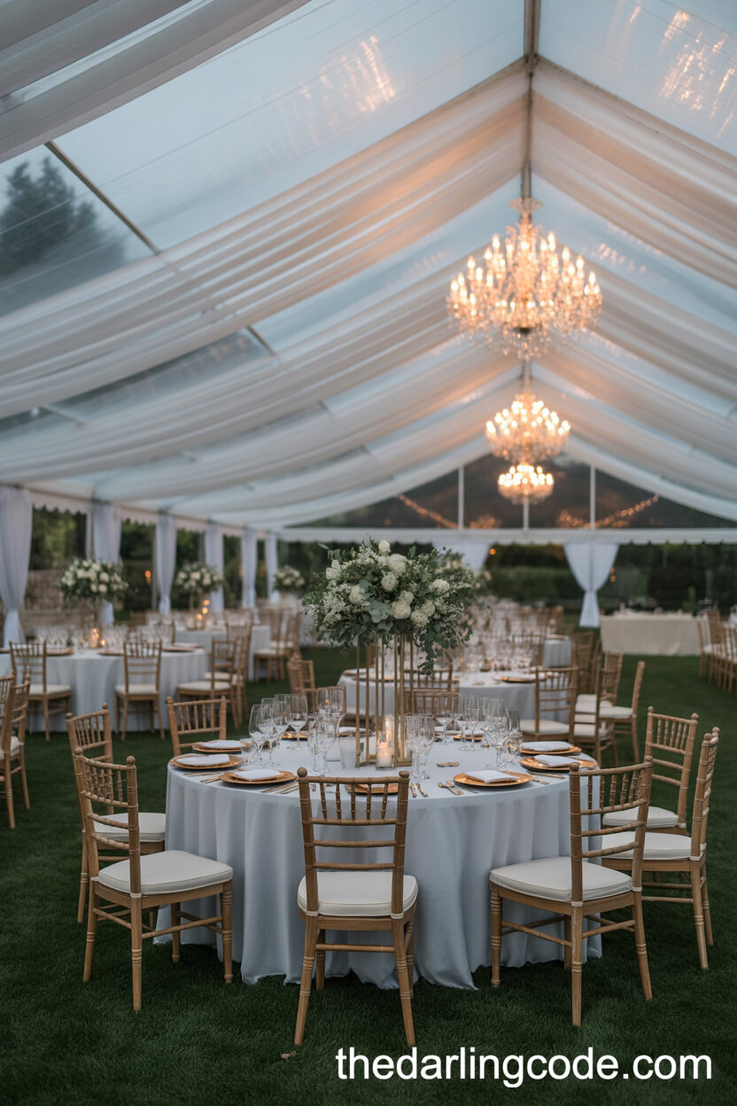 Chic Tent Wedding With Chandeliers And Elegant Greenery Centerpieces