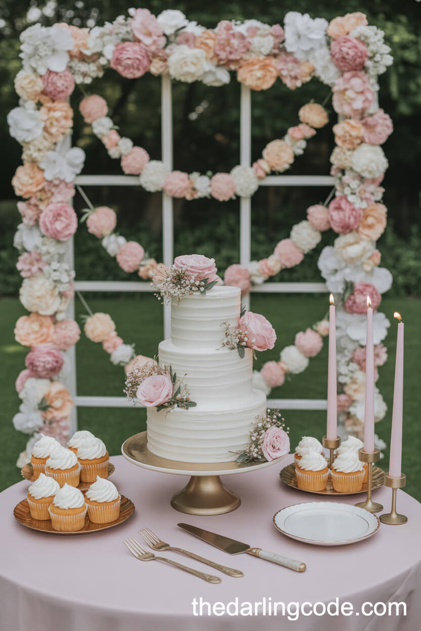 Elegant Cake Table With Garden Trellis And Floral Decorations