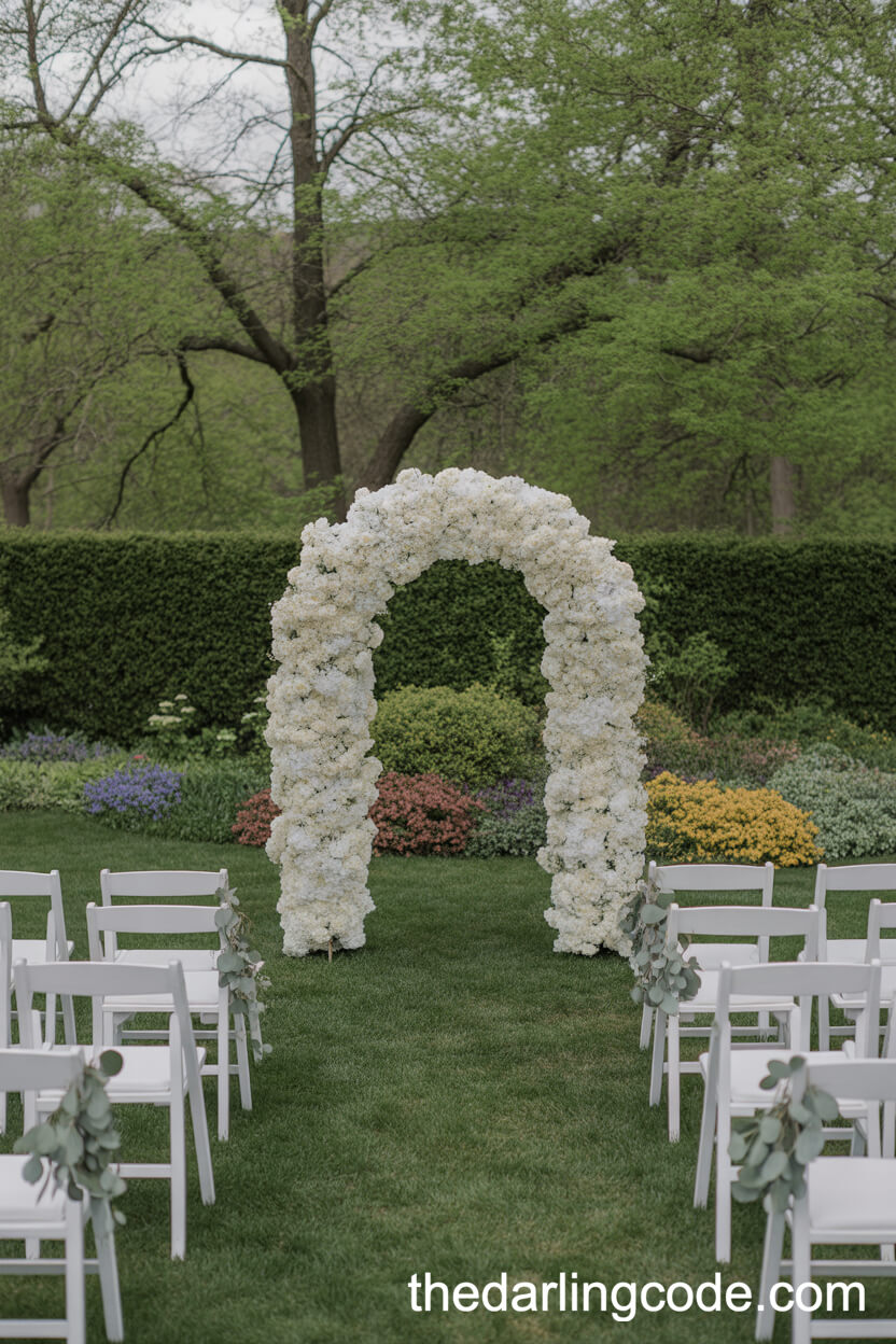 Romantic Floral Arch Ceremony Surrounded By Lush Garden Blooms