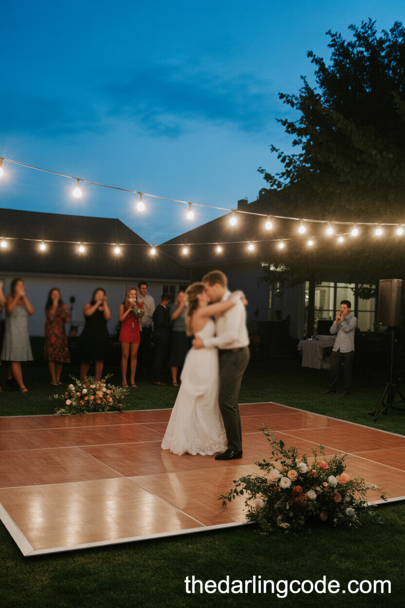 Outdoor Dance Floor With String Lights For A Romantic First Dance