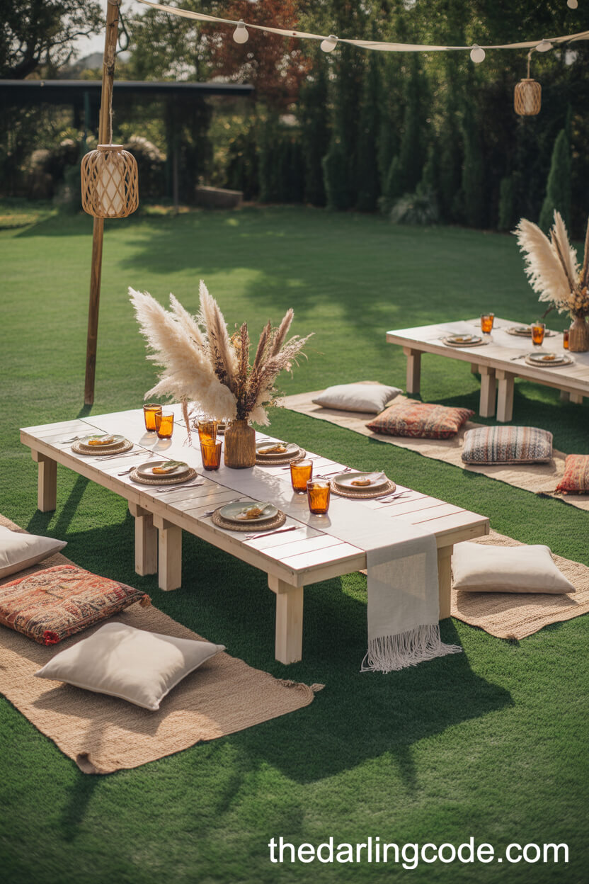 Bohemian Picnic-Style Backyard Wedding With Floor Cushions And Pampas Grass